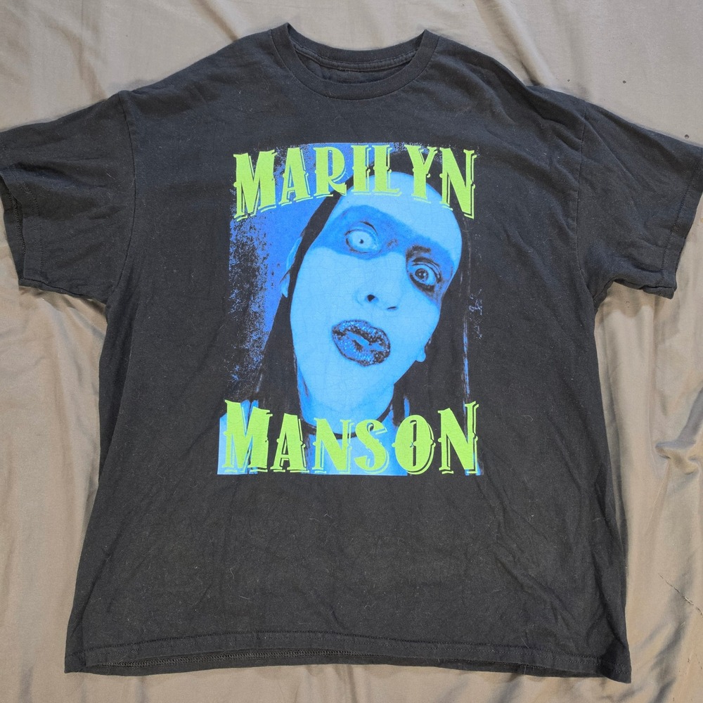 Marilyn Manson Graphic T-Shirt Black Blue Green Portrait Rock Band Tee XL